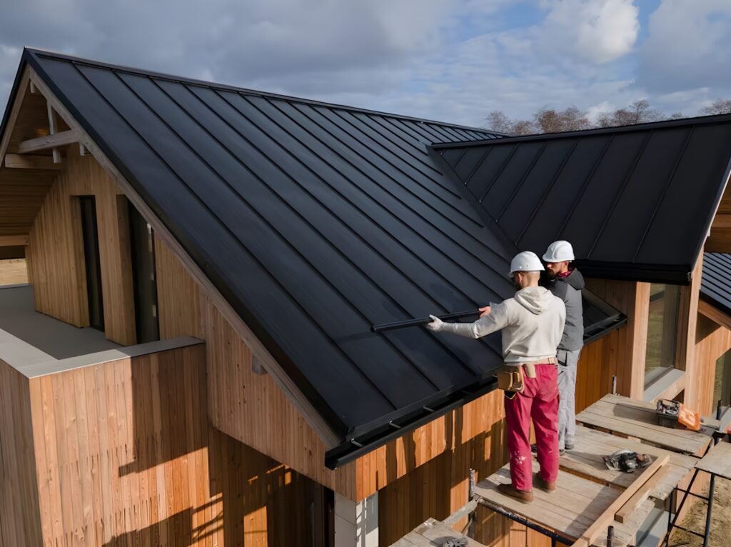 Roofing contractors installing sleek black standing seam metal roofing panels on a modern wooden home. Roof inspection in Bluffton.