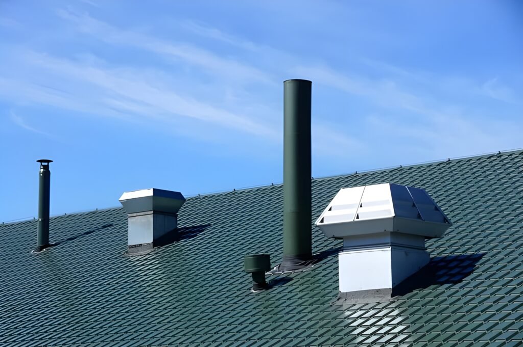 Green metal roof with multiple vent pipes and exhaust stacks sealed with flashing against a clear blue sky. Roof vent installation in Bluffton.