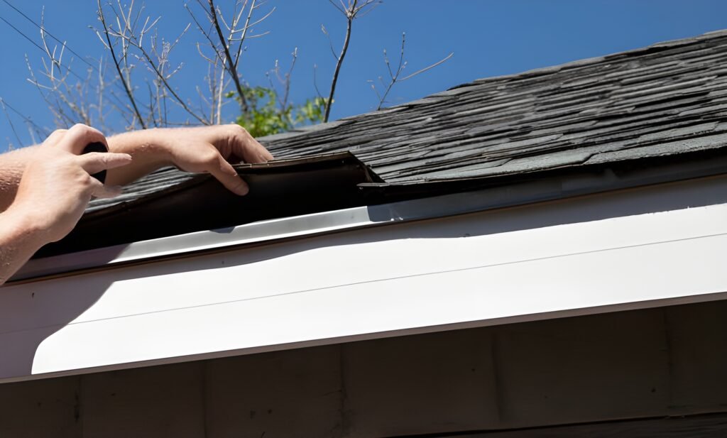 Hand lifting damaged asphalt shingle on residential roof during inspection for repair or replacement