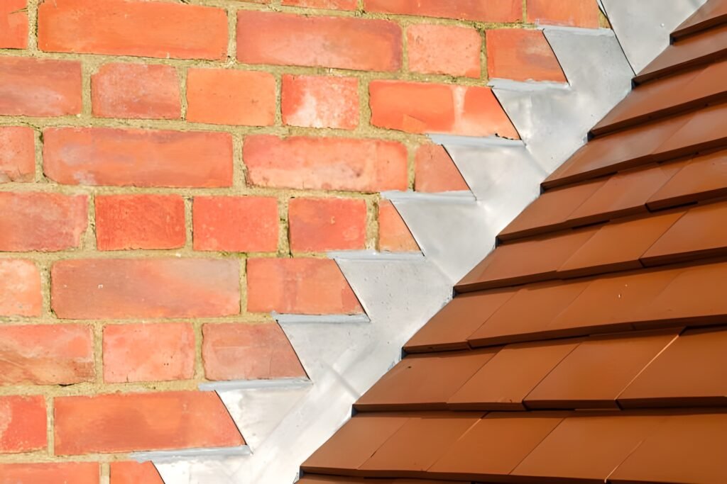 Close-up of step flashing installed along a brick wall and tiled roof intersection for waterproofing and leak prevention