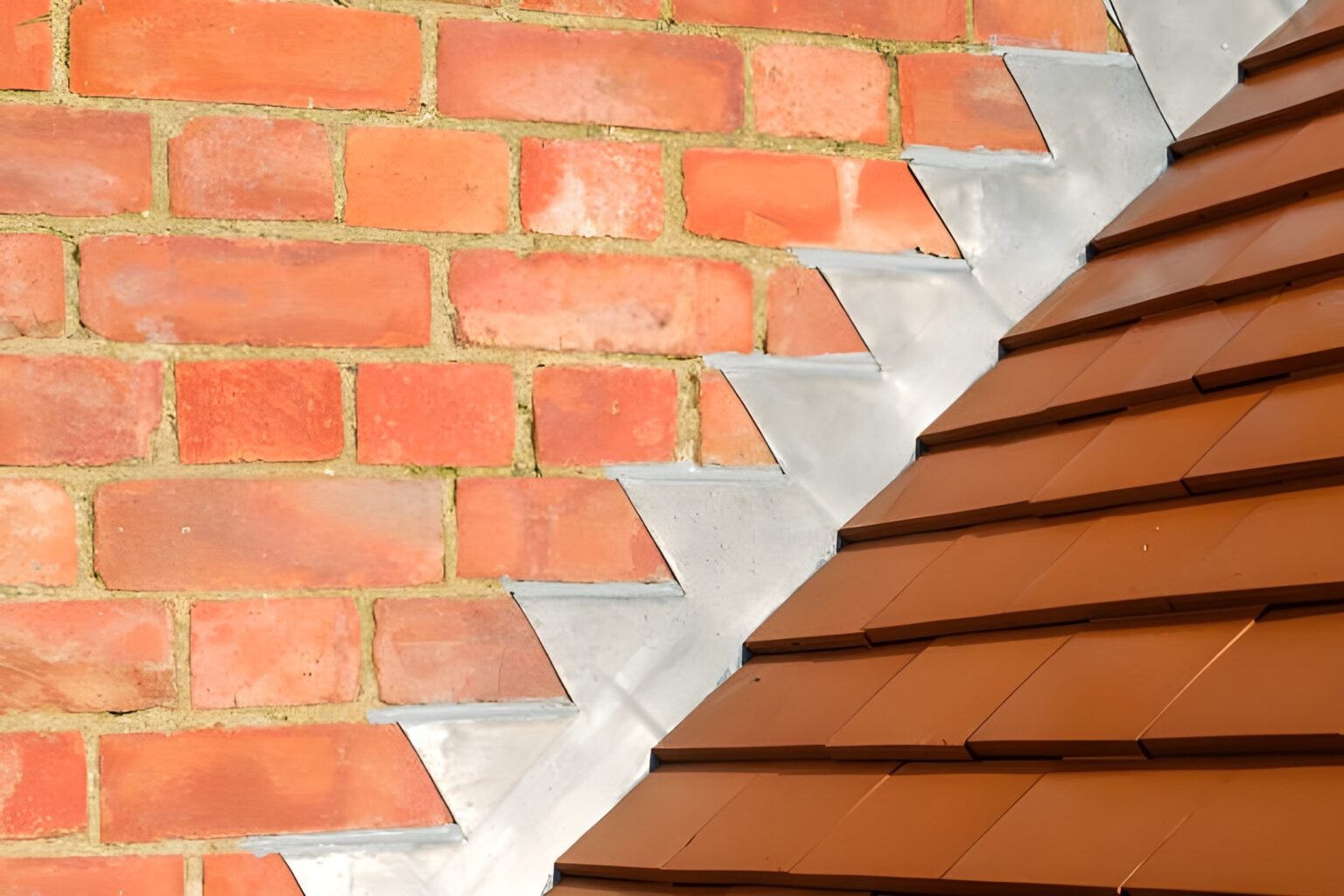 Close-up of step flashing installed along a brick wall and tiled roof intersection for waterproofing and leak prevention