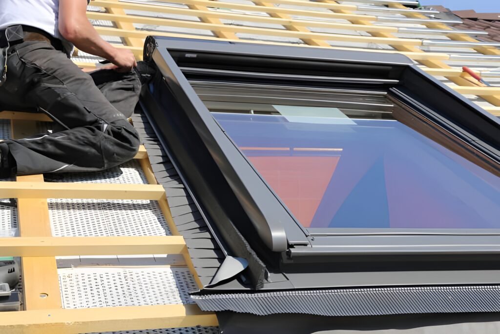 Roofer installing a skylight window on a sloped roof with wooden battens and waterproof underlayment. Skylight Repair & Installation
