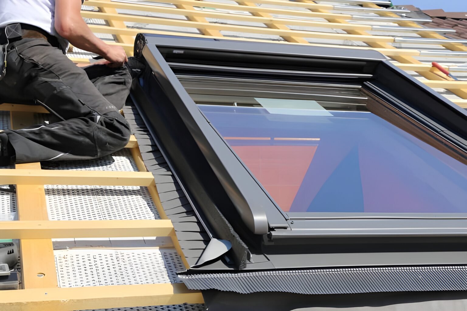 Roofer installing a skylight window on a sloped roof with wooden battens and waterproof underlayment. Skylight Repair & Installation in Hilton Head Island