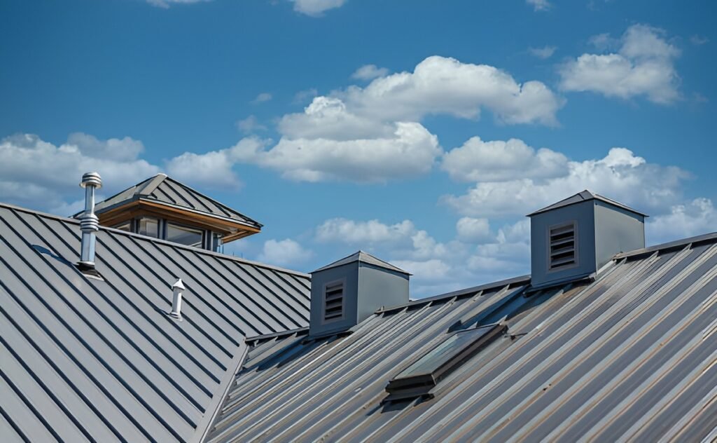 Close-up view of modern metal roofing with clean seams and vents against a blue sky with clouds. Metal roofing in Bluffton.