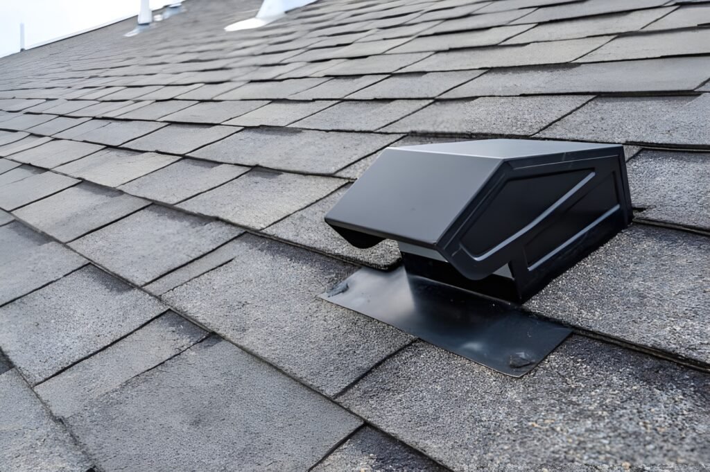 Close-up of an asphalt shingle roof vent installed with proper flashing for attic ventilation and moisture control