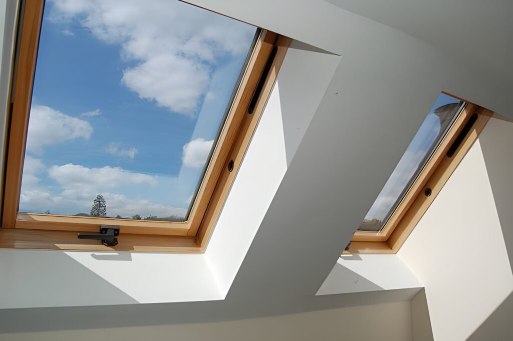 Interior view of modern skylight windows providing natural light through a sloped roof. Skylight repair and installation in Bluffton