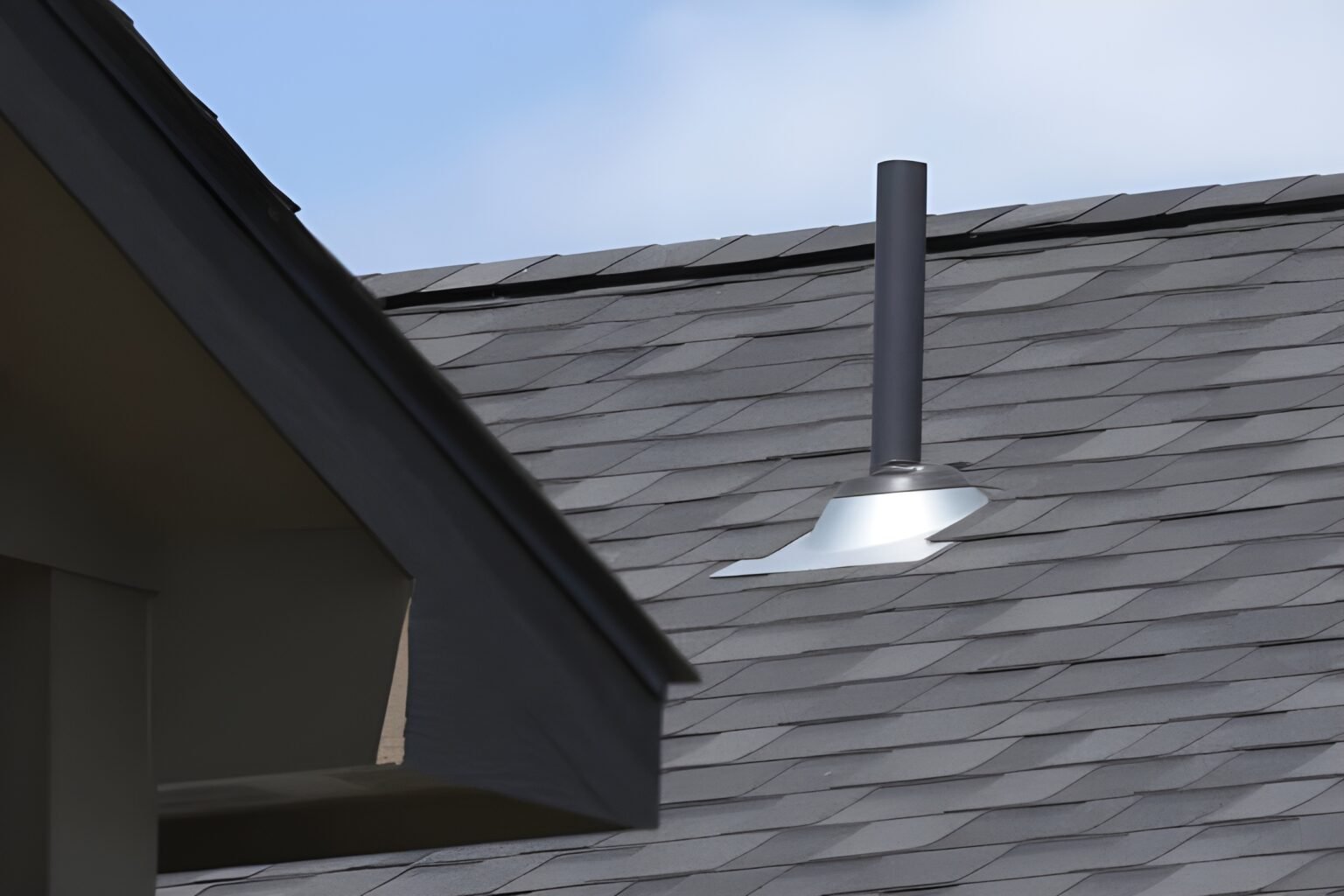 Asphalt shingle roof with pipe boot flashing installed around a vent pipe for waterproofing and leak prevention. Roof vent installation in Ridgeland