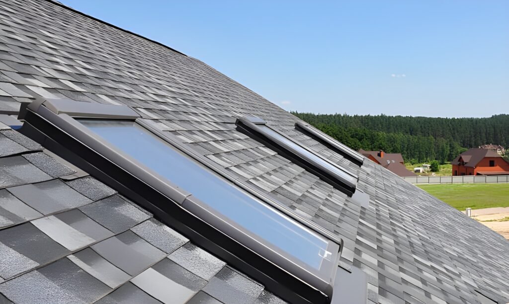 Asphalt shingle roof with installed skylights providing natural light to the home’s interior